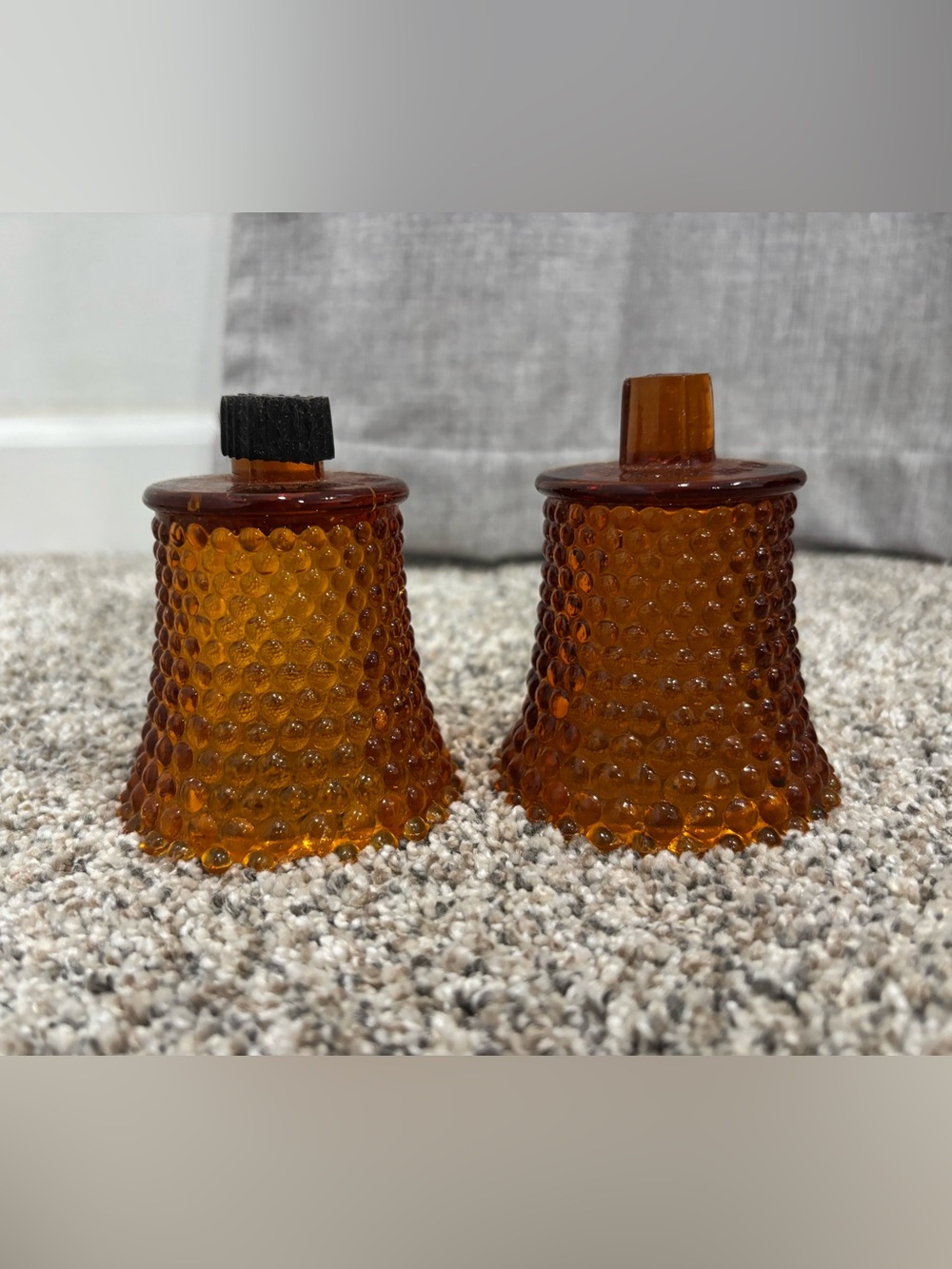 Vintage Amber Hobnail Glass Peg Votive Candle Holder One Stopper Set of 2